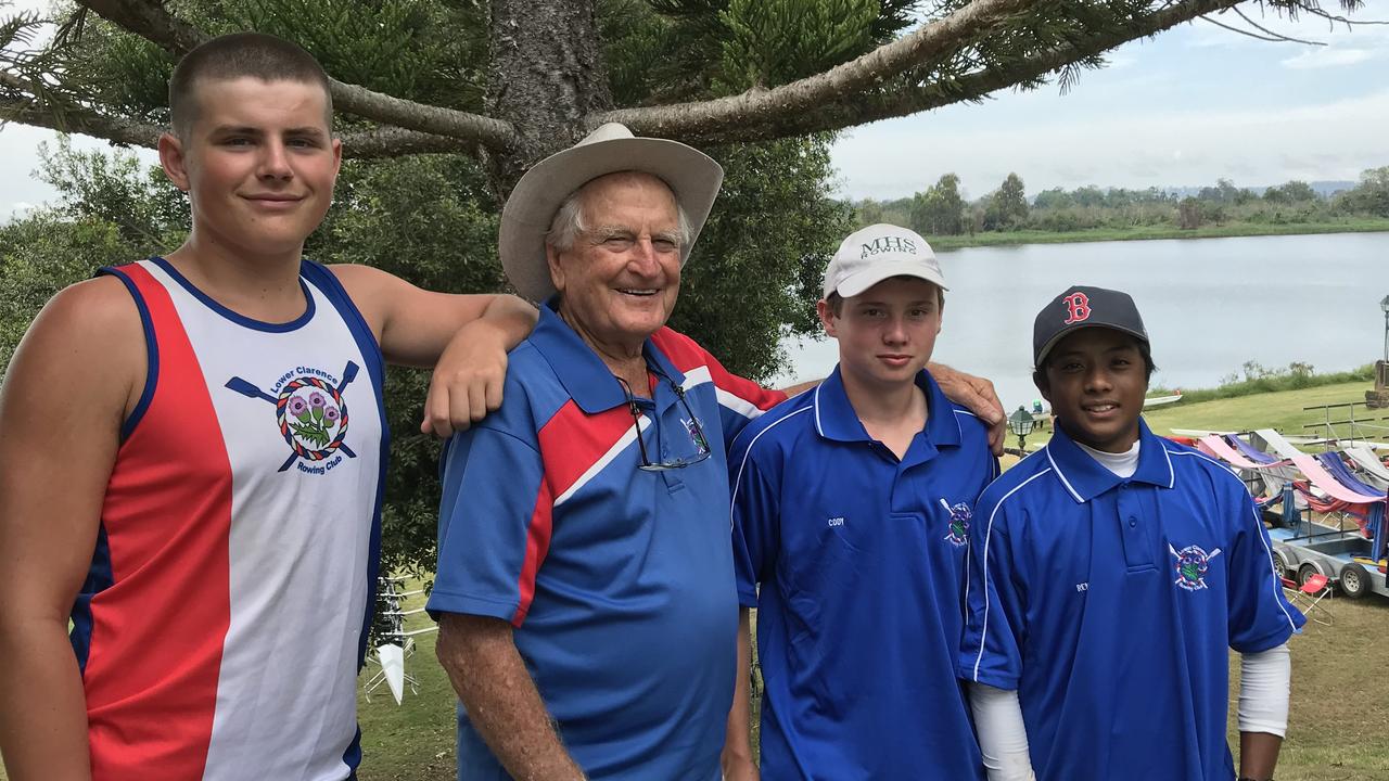 93-year-old Lower Clarence Rowing Club coach Harold Kratz with Royce McIntyre, Cody Hamel and Rene San Andres at the 2020 Grafton Rowing Club Regatta.