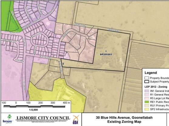 The existing zoning situation at Blue Hills Ave in Goonellabah.