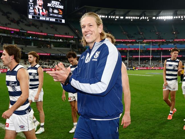 Rhys Stanley was all smiles after the win, but he faces a stint on the sidelines. Picture: Michael Willson/AFL Photos via Getty Images