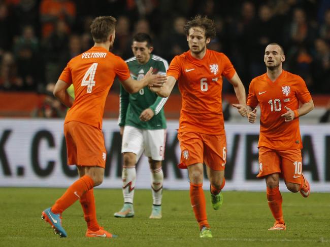 Blind, centre, celebrates after scoring a goal during a friendly between the Netherlands and Mexico. Picture: AP