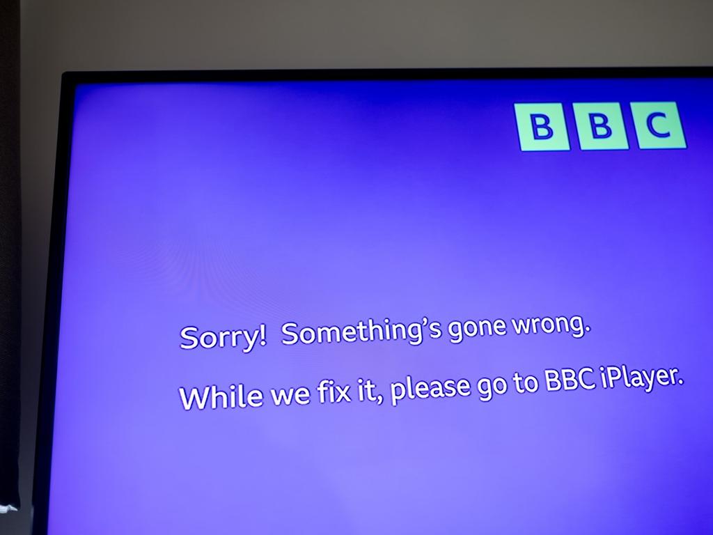 A television screen displays a BBC announcement which reads “Sorry! Something's gone wrong” as the CBBC channel is off air due to an IT outage on July 19, 2024 in London, United Kingdom. Picture: Jack Taylor/Getty Images