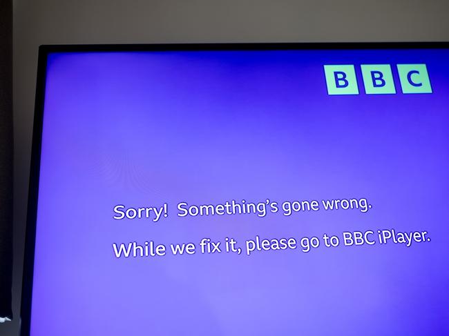 A television screen displays a BBC announcement which reads “Sorry! Something's gone wrong” as the CBBC channel is off air due to an IT outage on July 19, 2024 in London, United Kingdom. Picture: Jack Taylor/Getty Images