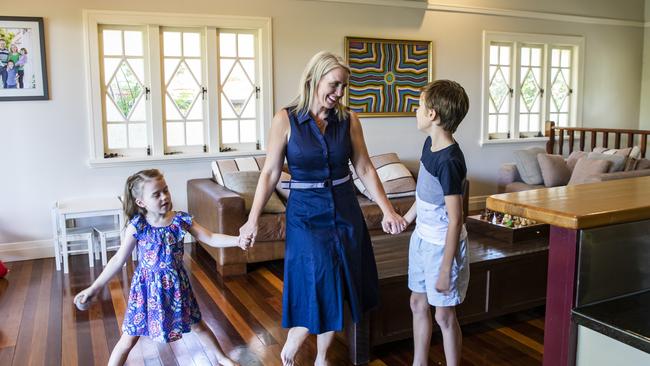 Kate Jones at home with her two young children Grace and Thomas. Pic Mark Cranitch.