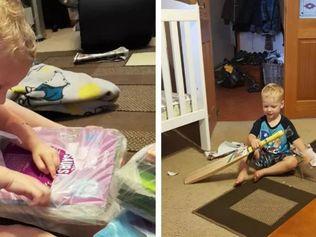 Tyler opening some of his birthday presents last year when he turned three. Source: Madeline Cox