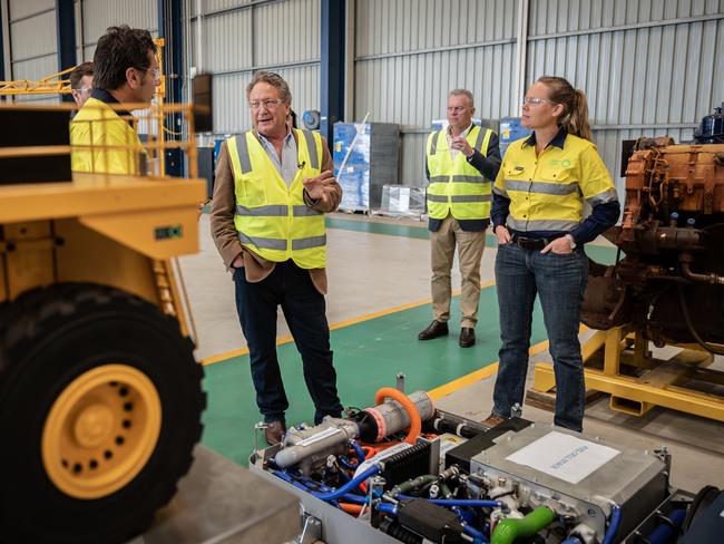 Andrew Forrest talks with staff at the FMG Hazelmere facility near Perth in Western Australia. Picture: Tony McDonough