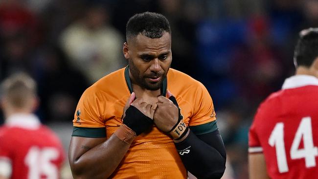 LYON, FRANCE - SEPTEMBER 24: Samu Kerevi of Australia looks dejected at full-time following the Rugby World Cup France 2023 match between Wales and Australia at Parc Olympique on September 24, 2023 in Lyon, France. (Photo by Hannah Peters/Getty Images)