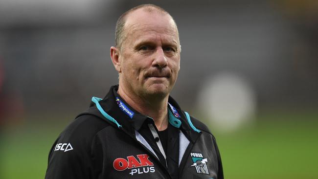 Port Adelaide coach Ken Hinkley cuts a frustrated figure in Launceston. Picture: AAP Image/Julian Smith