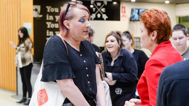 Pauline Hanson speaks with Rebecca Hammond about transgender during visit to an Adelaide shopping centre. Picture: Brenton Edwards