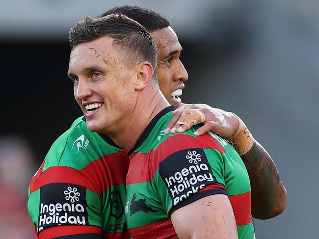 SYDNEY, AUSTRALIA – MARCH 29: Jack Wighton of the Rabbitohs and Michael Chee Kam of the Rabbitohs celebrate winning the round four NRL match between South Sydney Rabbitohs and Canterbury Bulldogs at Accor Stadium, on March 29, 2024, in Sydney, Australia. (Photo by Cameron Spencer/Getty Images)