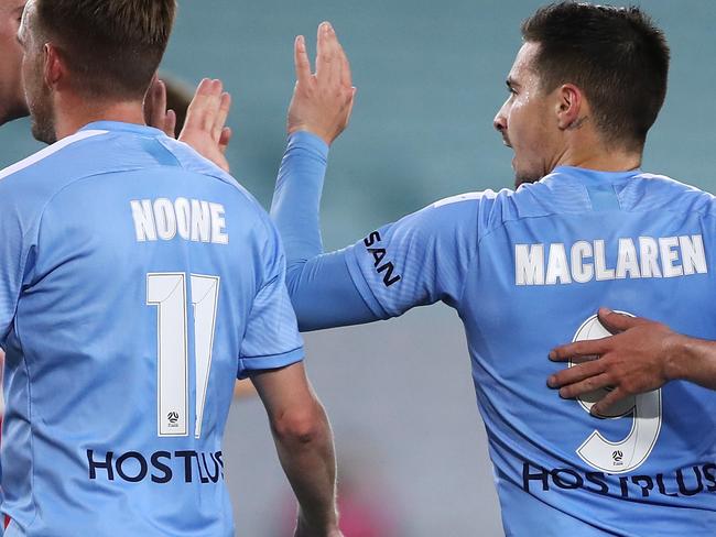 SYDNEY, AUSTRALIA - AUGUST 11: Jamie Maclaren of Melbourne City celebrates with his team after scoring a goal during the round 25 A-League match between Melbourne City and Adelaide United at ANZ Stadium on August 11, 2020 in Sydney, Australia. (Photo by Mark Kolbe/Getty Images)