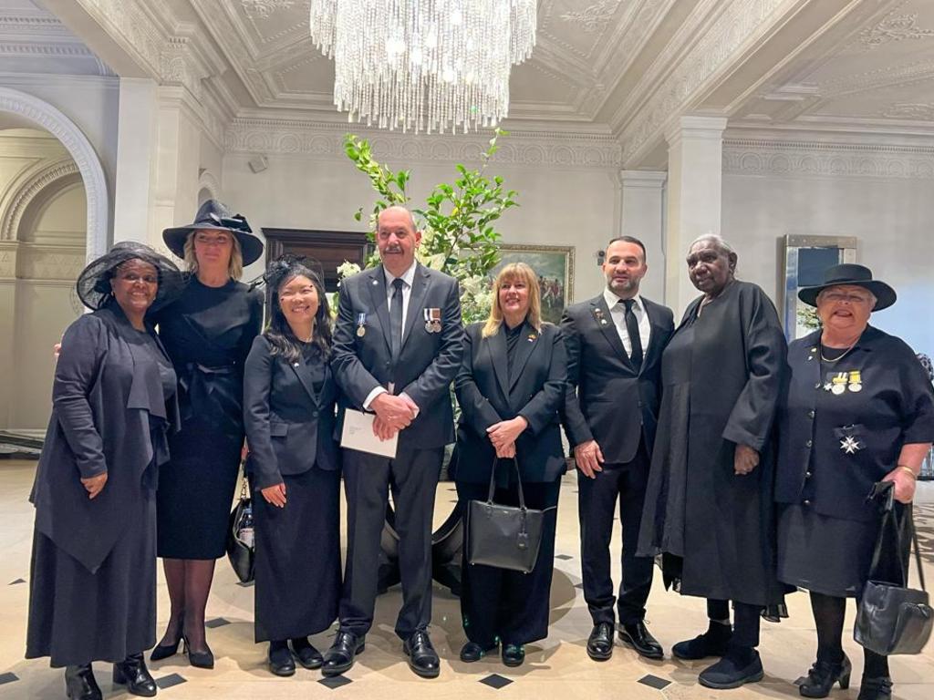 The nine Aussies prepare to leave for Westminster Abbey for Queen Elizabeth funeral – and capture the moment at the lobby of their hotel, the Belgravia.