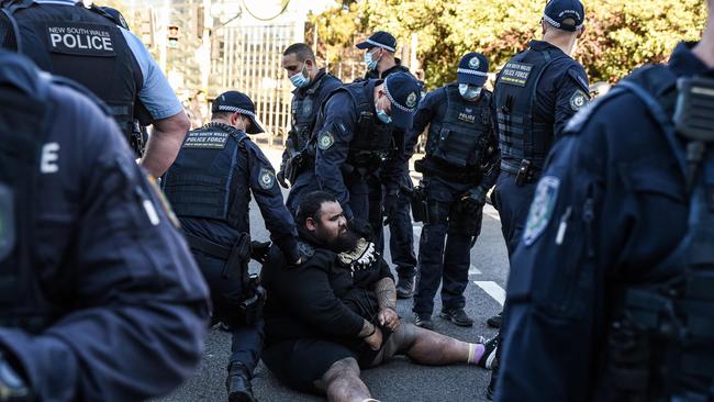 A protester is arrested during the weekend’s lockdown rally in Sydney. Picture: NCA NewsWire/Flavio Brancaleone