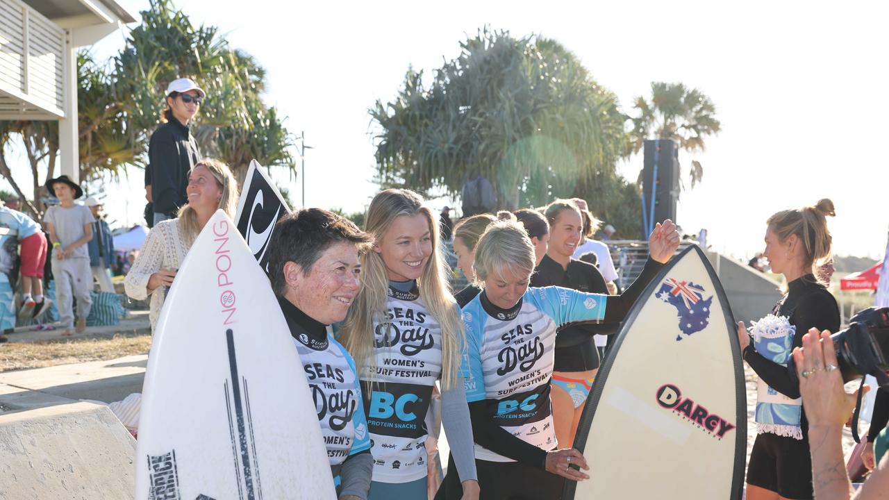 Pauline Menczer, Imogen Caldwell and Layne Beachley at Seas The Day Womens Surf Festival at Kingscliff for Gold Coast at Large. Picture, Portia Large.