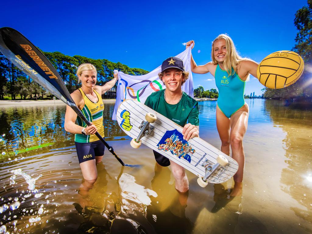 Sprint Kayaker Aly Bull, Olympic Gold Medallist Skateboarder Keegan Palmer and Water Polo player Gabi Palm are excited for the Paris Olympic Games 100 days out. Picture: Nigel Hallett