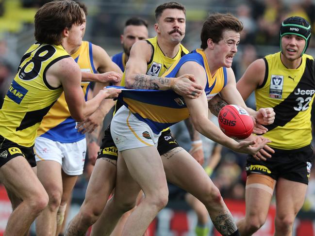 VFL Grand Final. 22/09/2019. Richmond vs Williamstown at Ikon Park, Carlton.   Williamstowns tom Mundy under plenty of Richmond heat   . Pic: Michael Klein.