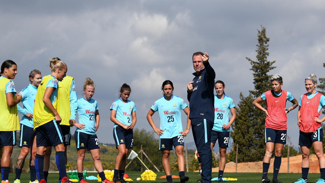 Matildas coach Alen Stajcic directs players during a Matildas training session