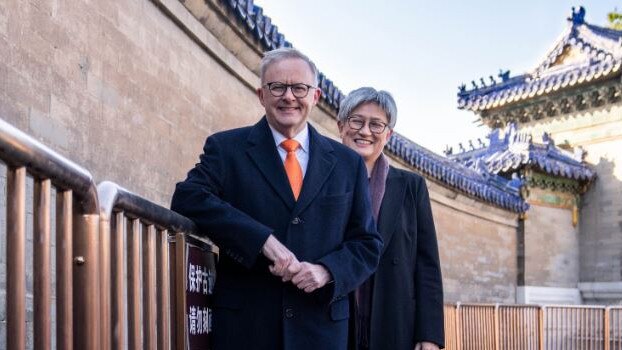 Anthony Albanese and Penny Wong visit the Temple of Heaven in Beijing. Picture: Twitter @AlboMP,