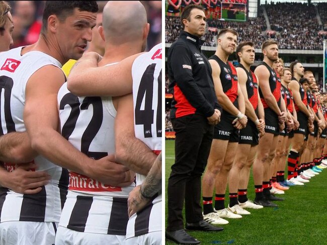 Scott Pendlebury during the Anzac Day ceremony. Photos: Fox Sports/Getty Images