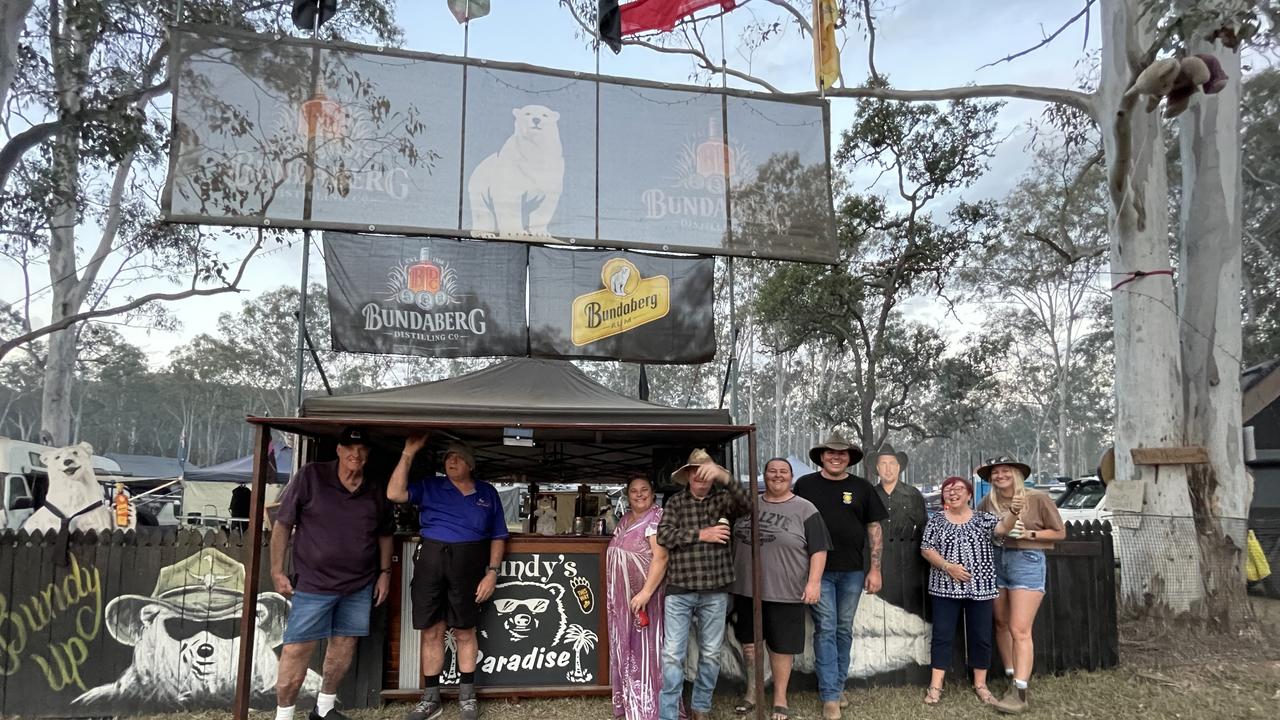 The Bundy Bar, a bunch of friends and family who have been progressively adding to their campsite over the years. Peter, Tracey, Helen and Natalie Conley, Thomas and Mitchell Law, Courtney Wilson, Matthew Conley, Ashleigh and Dave Vincent, Ken and Tim Duggan. Picture: Christine Schindler