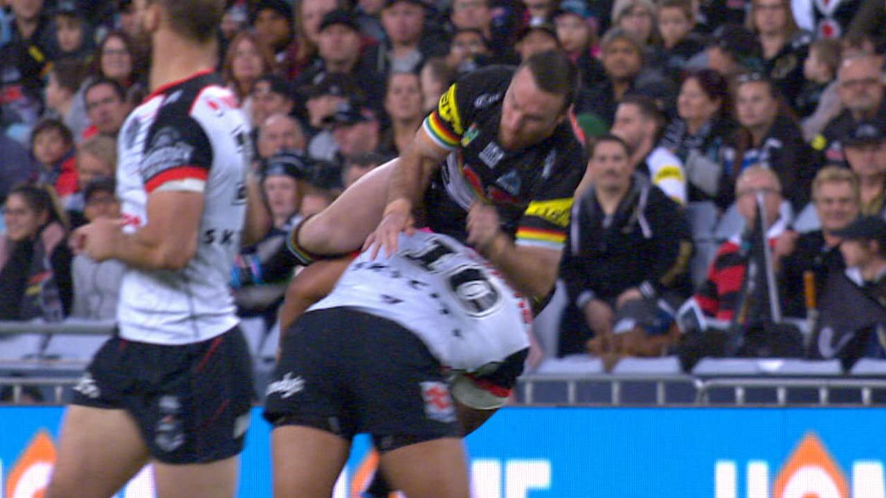 James Maloney is tackled midair by Agnatius Paasi.