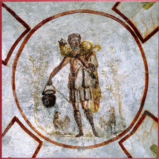 A picture of the Good Shepherd on the front of the mass booklet, depicting a painting on the wall of the Roman Catacombs 175AD.