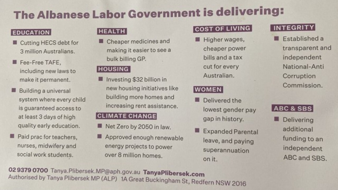 Minister for the Environment and Water Tanya Plibersek’s flyer. Picture: Supplied