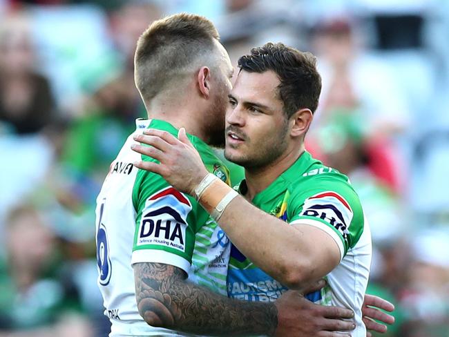 Raiders Aidan Sezer and Blake Austin celebrate at fulltime after beating the Bunnies. Picture: Gregg Porteous