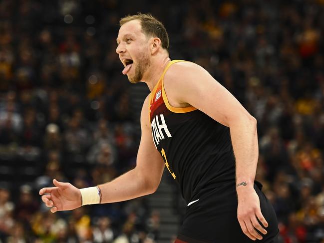 SALT LAKE CITY, UTAH - OCTOBER 20: Joe Ingles #2 of the Utah Jazz celebrates a three point basket during a game against the Oklahoma City Thunder at Vivint Smart Home Arena on October 20, 2021 in Salt Lake City, Utah. NOTE TO USER: User expressly acknowledges and agrees that, by downloading and or using this photograph, User is consenting to the terms and conditions of the Getty Images License Agreement.   Alex Goodlett/Getty Images/AFP == FOR NEWSPAPERS, INTERNET, TELCOS & TELEVISION USE ONLY ==