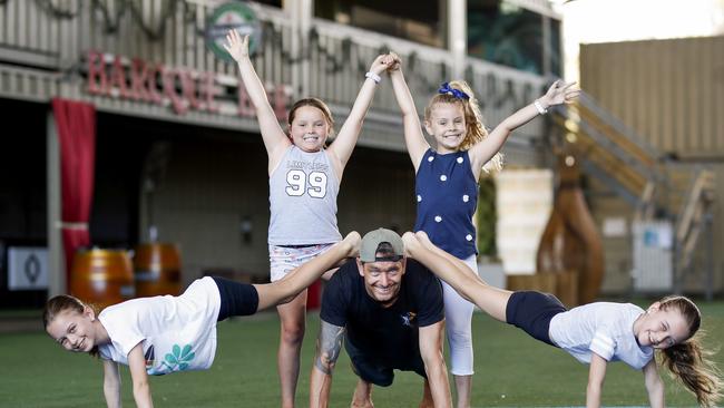 Helensvale NightQuarter ran school holiday circus workshops. Pictured (from left) Ella Lindeberg, 8, Milli Mansbridge, 8, instructor, Neal Webb, Billie Frampton, 7, and Sophie Lindeberg, 8. Pic: Tim Marsden