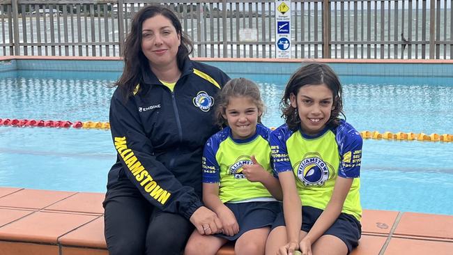 Williamstown Swimming and Life Saving Club member Sarah Vincenzini with her kids Audrey and Henry Isaacs who take part in nippers. Picture: Nilsson Jones