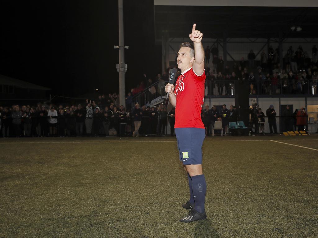 Lokoseljac Cup Final at KGV. Devonport Strikers versus South Hobart. South Hobart captain Hugh Ludford makes a victory speech. Picture: PATRICK GEE