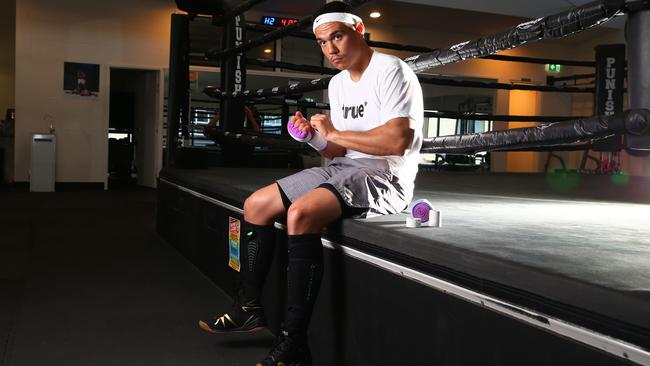 Boxer Tim Tszyu gets ready for another session at Sanctum Forge Boxing Gym at Burleigh Heads. Picture: Adam Head