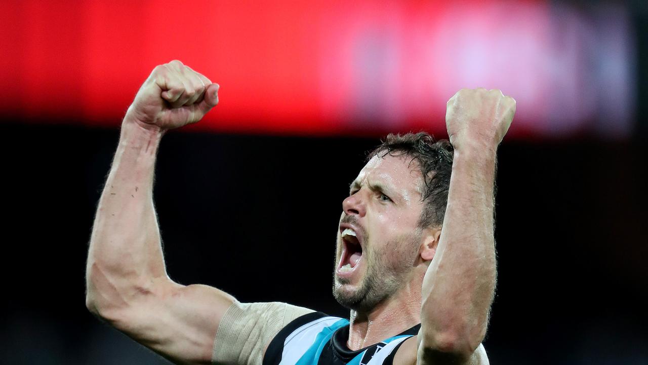 ADELAIDE, AUSTRALIA – APRIL 25: Travis Boak of the Power celebrates a goal during the 2021 AFL Round 06 match between the Port Adelaide Power and the St Kilda Saints at Adelaide Oval on April 25, 2021 in Adelaide, Australia. (Photo by Sarah Reed/AFL Photos via Getty Images)