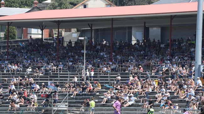 Big crowd in at North Hobart for the AFLW match between North Melbourne and Carlton. Picture: LUKE BOWDEN