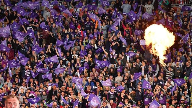 Storm fans show their support during Magic Round at Suncorp Stadium. Picture: AAP