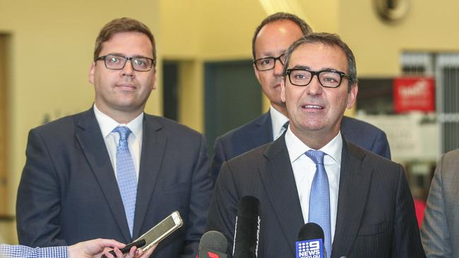 Steven Marshall with education minister John Gardner, left. Picture: AAP / Mike Burton