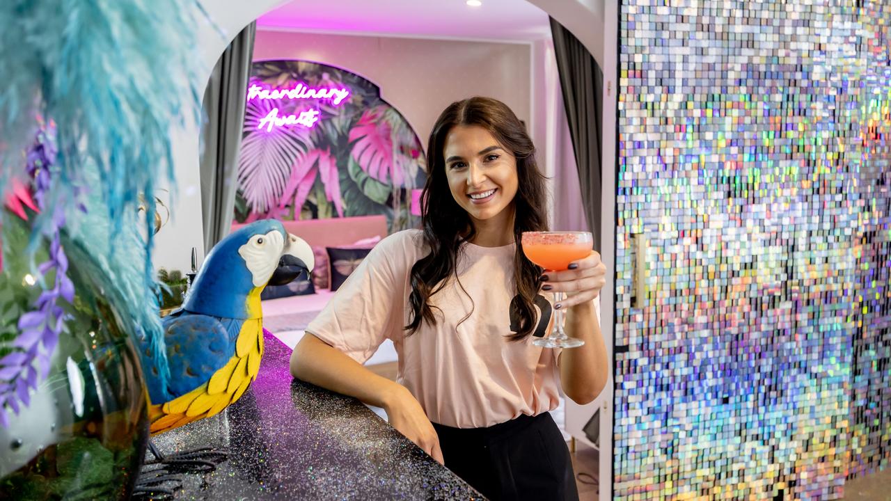 Emily Berzins at The Herradura Hacienda, which is Australia's first margarita-inspired hotel suite at The Pink Hotel. Picture: Luke Marsden