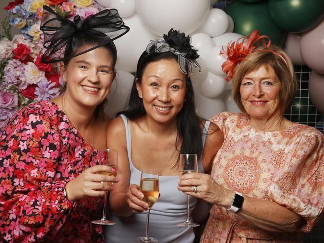 Kathryn O'Driscoll, Cathy Hughes, Jenny Badcock.  Melbourne Cup event at Franklin Wharf as a fundraiser for charity Variety. Picture: Nikki Davis-Jones