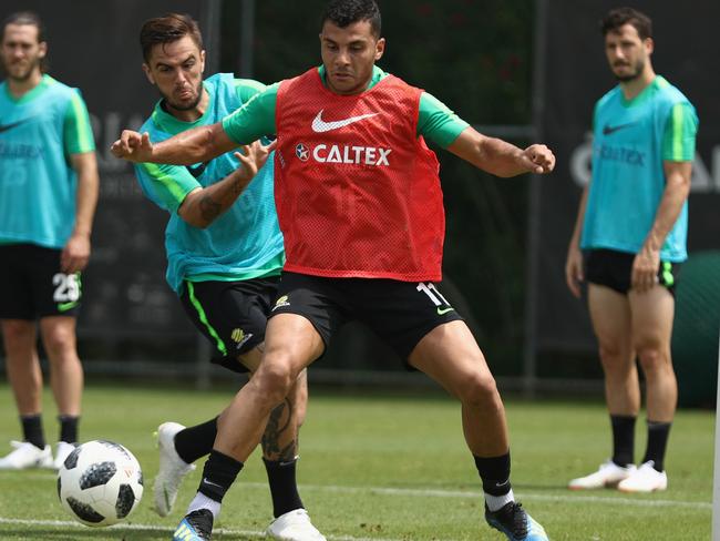 ANTALYA, TURKEY - MAY 26: Andrew Nabbout of Australia is challenged by Josh Risdon during the Australian Socceroos Training Session at the Gloria Football Club on May 26, 2018 in Antalya, Turkey.  (Photo by Robert Cianflone/Getty Images)