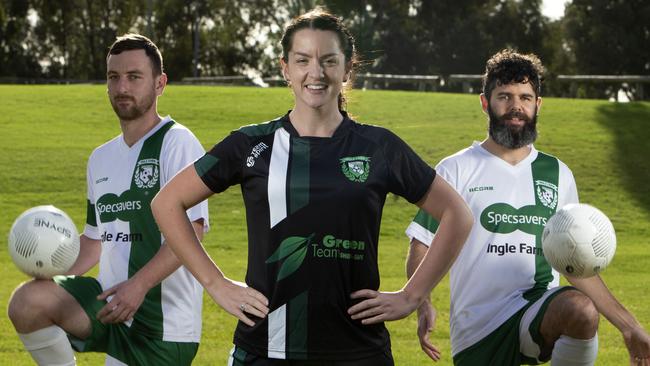 Ingle Farm Soccer players Liam Mulvaney, Rachel Krollig and Toby Dodd are excited about getting back to competition and playing for their club after the COVID-19 downturn. Picture: Emma Brasier.