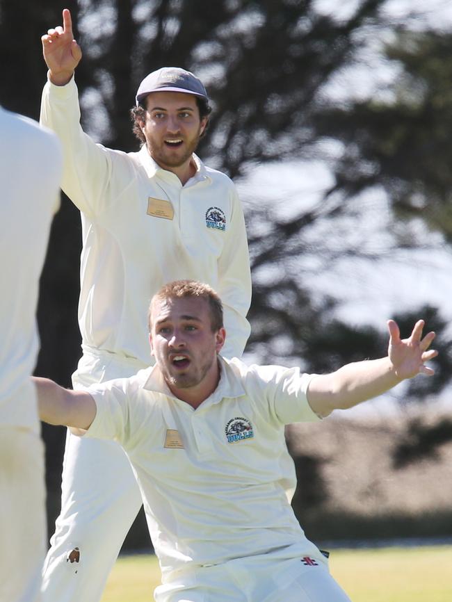 Barrabool bowler Finn Peel pleas for the wicket of Jan Juc batter Jack Taylor. Picture: Mark Wilson