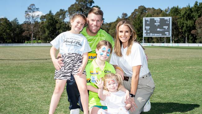 David Warner with his wife, Candice, and their kids. Picture: Ian Bird/CNSW.