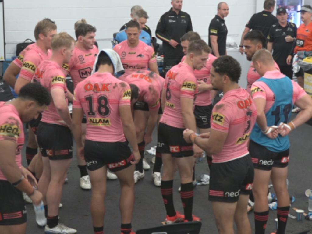 Dylan Edwards (at rear) in Penrith dressing room prior to Storm match in Melbourne