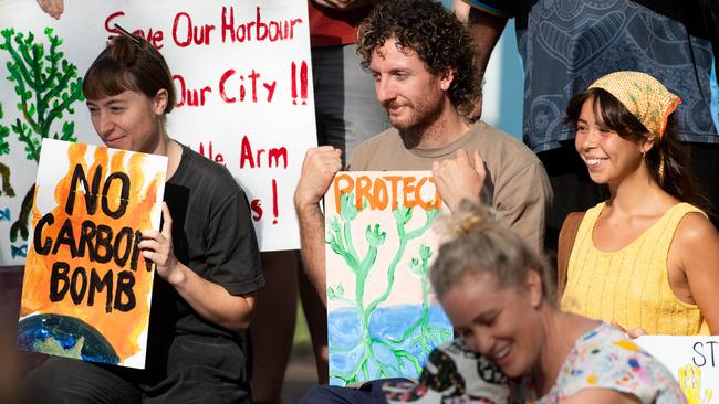 More than a hundred gathered to protest Middle Arm ahead of the second day of public hearings about the proposed development in Darwin. Picture: Pema Tamang Pakhrin