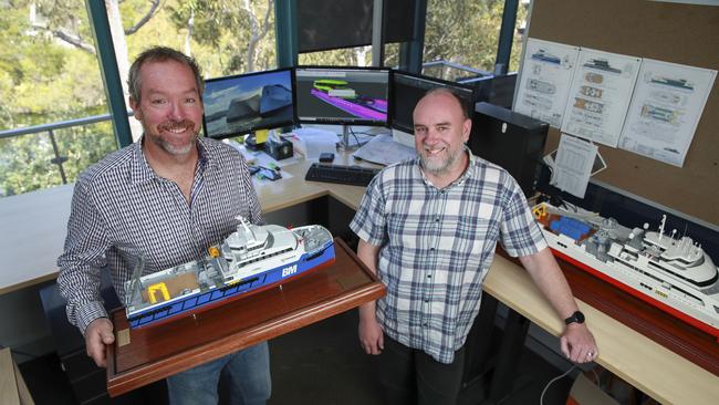 Incat Crowther CEO Brett Crowther with Paul Humphris, project manager, at their offices, in Belrose. They are an engineering company employing 25 people that does all the high-end design for technology used in boats. Picture: Justin Lloyd.