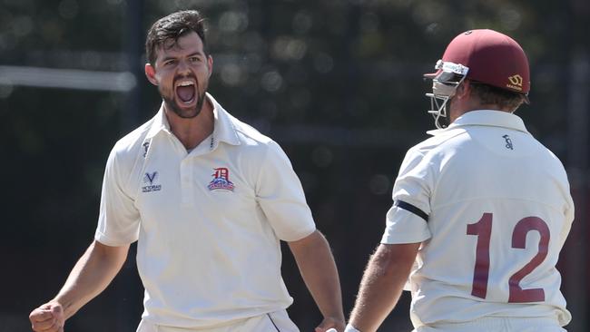 James Nanopoulos celebrates a wicket for Dandenong. Picture: David Crosling