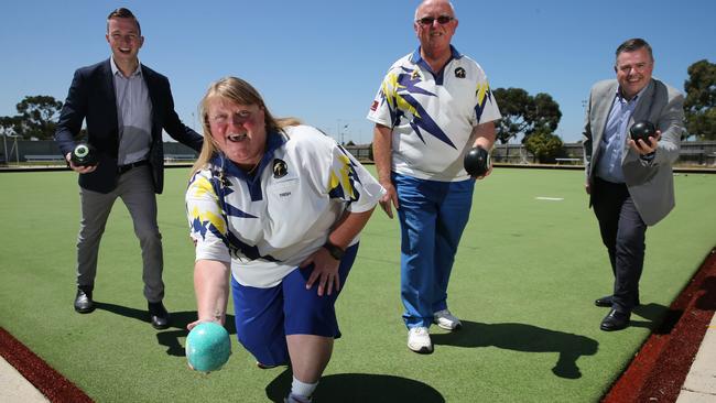 Cr Trent Sullivan, Norlane bowls members Trish Bedggood and Neil Watson and Cr Anthony Aitken. The club received a $350,000 grant. Picture: Peter Ristevski