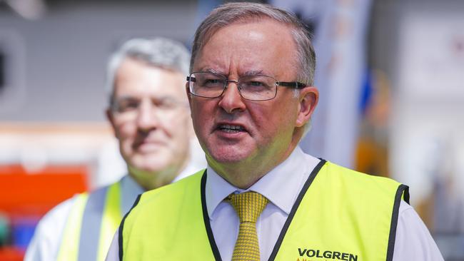 Anthony Albanese visits the bus manufacturer Volgren in Dandenong South in Melbourne on Monday. Picture: Wayne Taylor