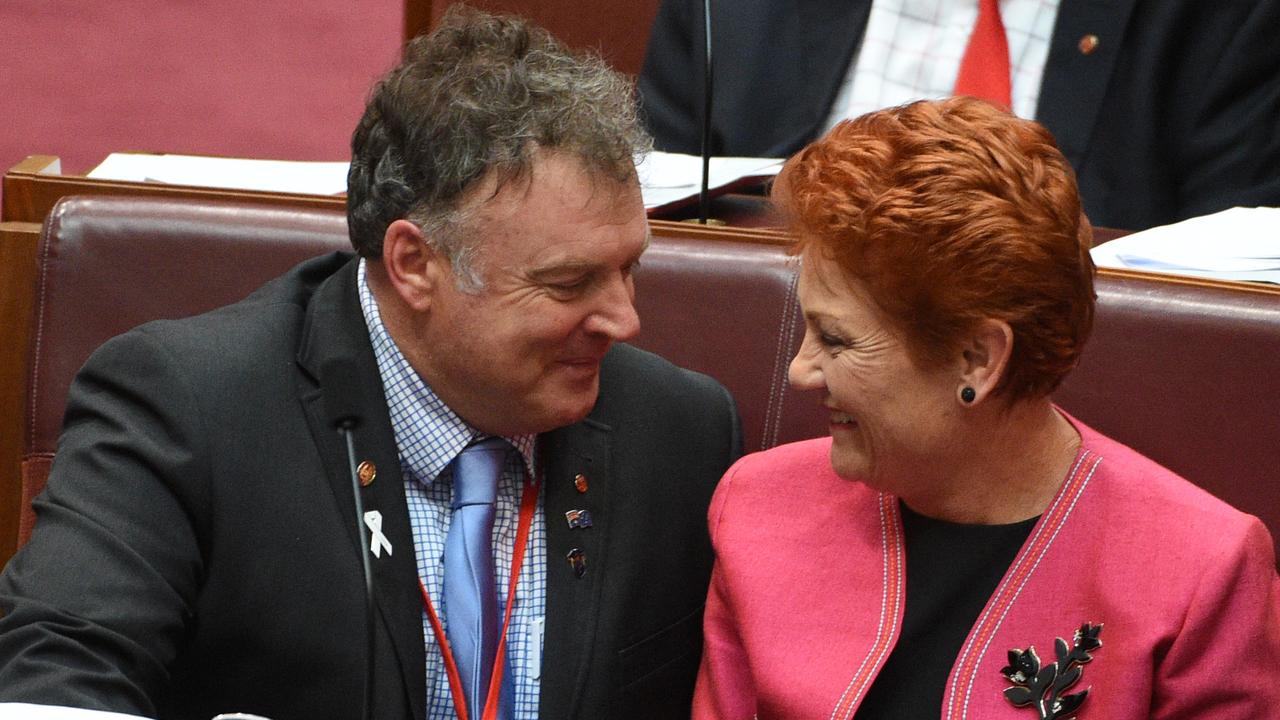 Mr Culleton with his then party leader senator Pauline Hanson. Picture: AAP Image/Mick Tsikas