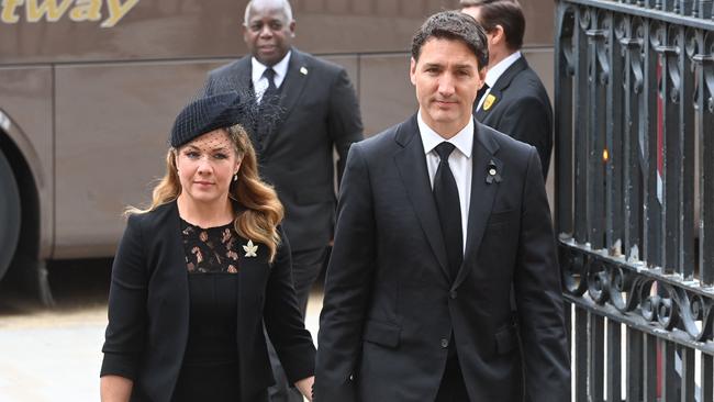 Mr Trudeau and Sophie Gragoire Trudeau arrive at Monday’s funeral at Westminster Abbey. Picture: Geoff Pugh / Pool / AFP